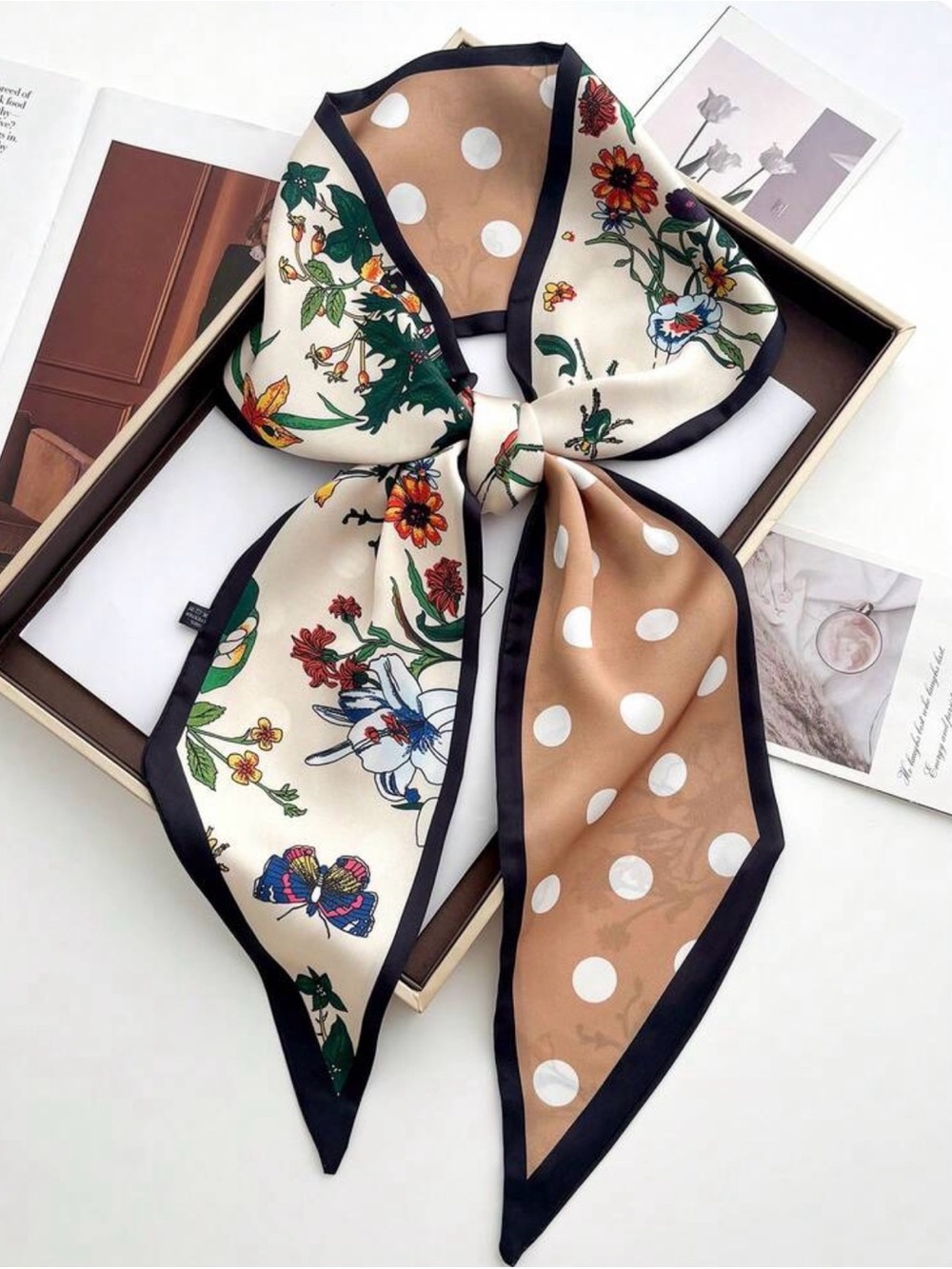 Floral & Polka Dot Silk-Feel Neck/Hair Accessory Scarf in Beige and Cream